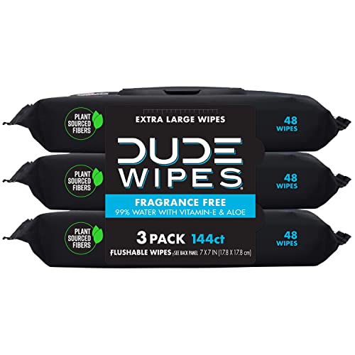 DUDE Wipes Flushable Wipes Dispenser, Unscented Wet Wipes with Vitamin-E & Aloe for at-Home Use, Septic and Sewer Safe, 48 Count (144ct, Pack of 3)