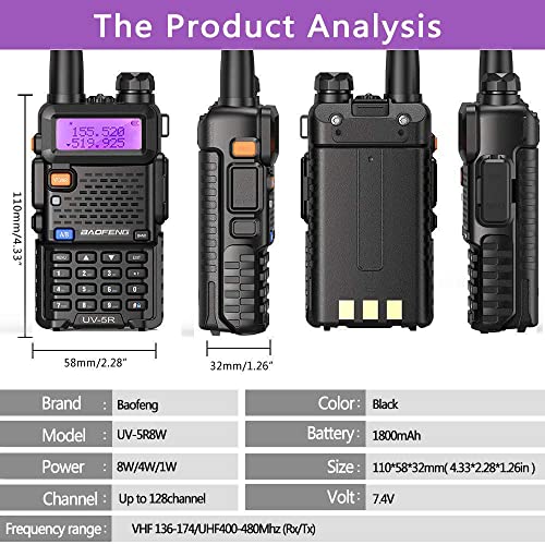 BaoFeng UV-5R 8W High Power Two Way Radio Ham Radio Dual Band Portable Radio Tri-Power Handheld Walkie Talkies